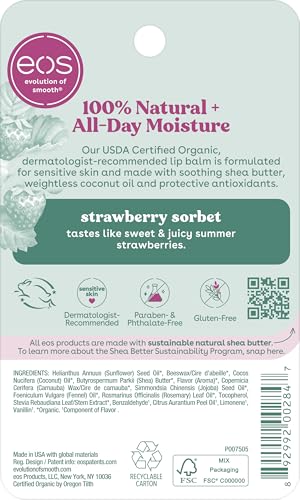 eos 100% Natural & Organic Lip Balm - Strawberry Sorbet, All-Day Moisture, Dermatologist Recommended for Sensitive Skin Care, Lip Care Products, 0.25 oz