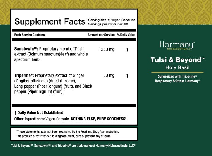 Tulsi - Holy Basil Supplement - Highest Potency, Maximum bio-availabilty, Made with Organic Herbs (Vegetarian Capsules, 120 Count) Harmony Nutraceuticals buy supplements Au