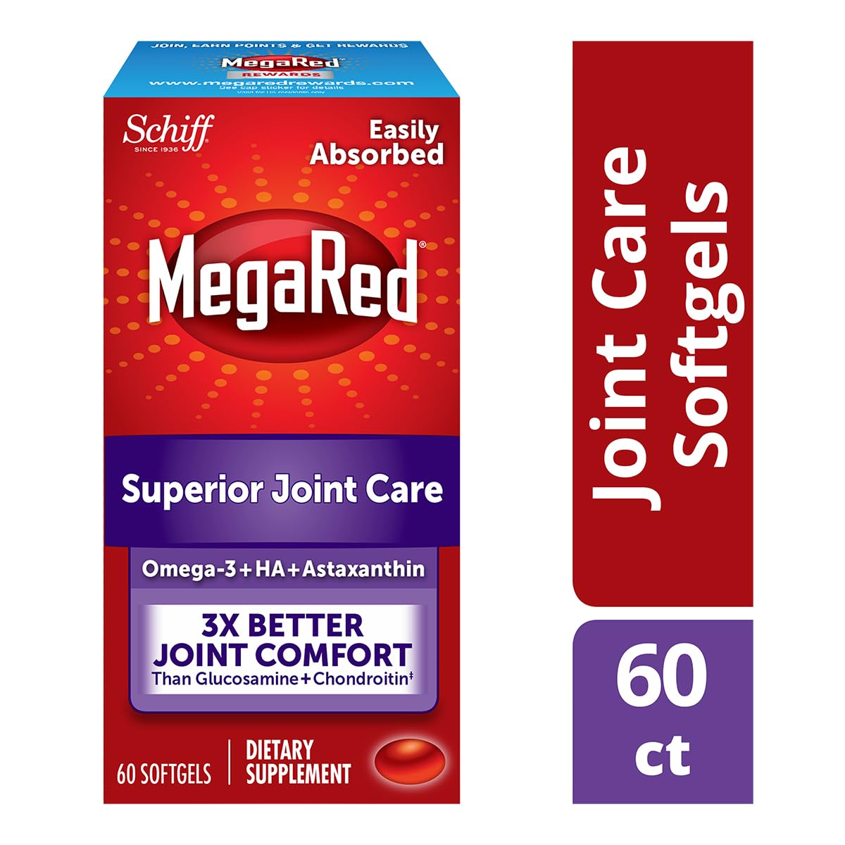 Omega-3 Krill Oil and Joint Supplement - Megared Joint Care 60 softgels - EPA/DHA fatty acids, Antioxidants, Hyaluronic acid, No fishy burp aftertaste as with Fish Oil MegaRedBuy Supplements Australia