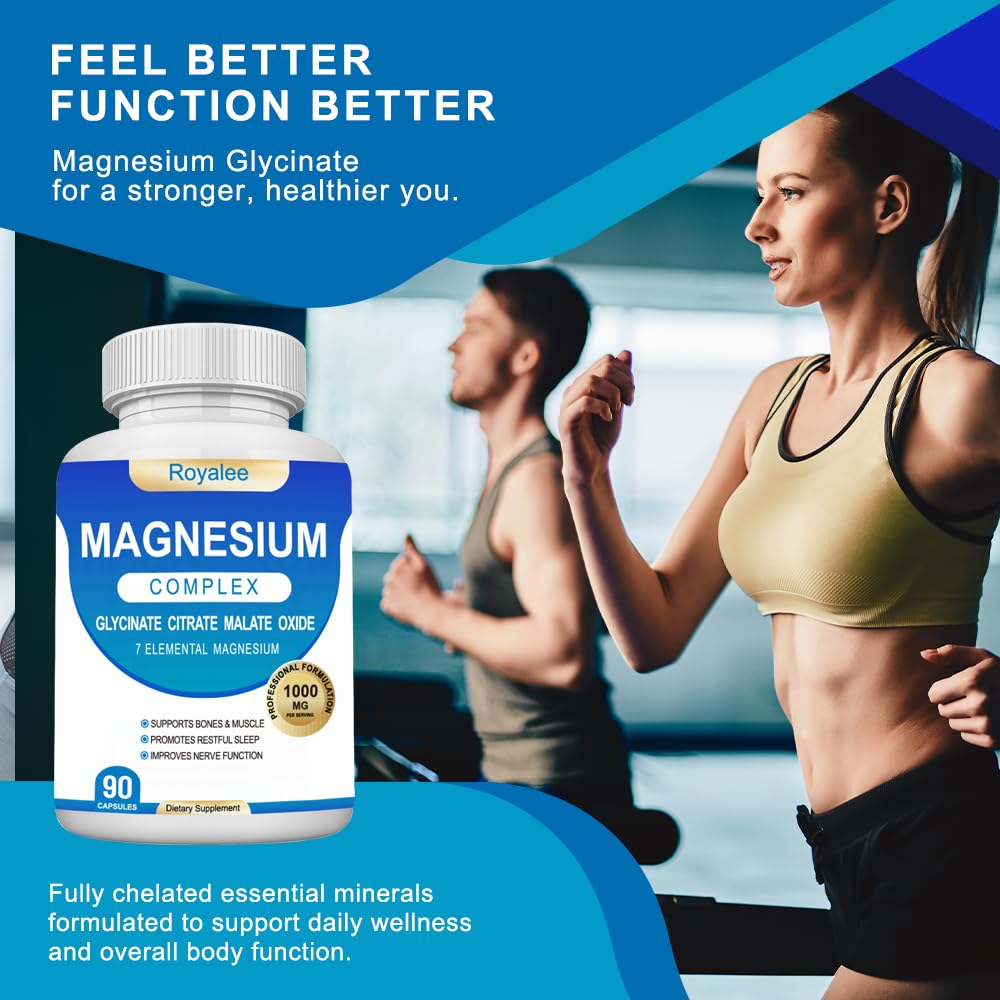 Magnesium Complex Supplement - 1000mg with 7 Magnesium Forms Including Glycinate, Citrate, Malate, Taurate & Orotate - Supports Relaxation, Muscle Function & Bone Strength - 90 Capsules Royalee buy supplements Au