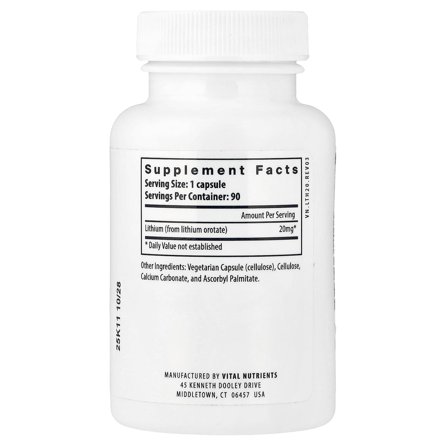 Vital Nutrients Lithium Orotate - Vegan Lithium Supplements for Memory, State of Mind, and Behavioral Health* - 20mg - Gluten, Dairy, Soy Free - 90 Capsules