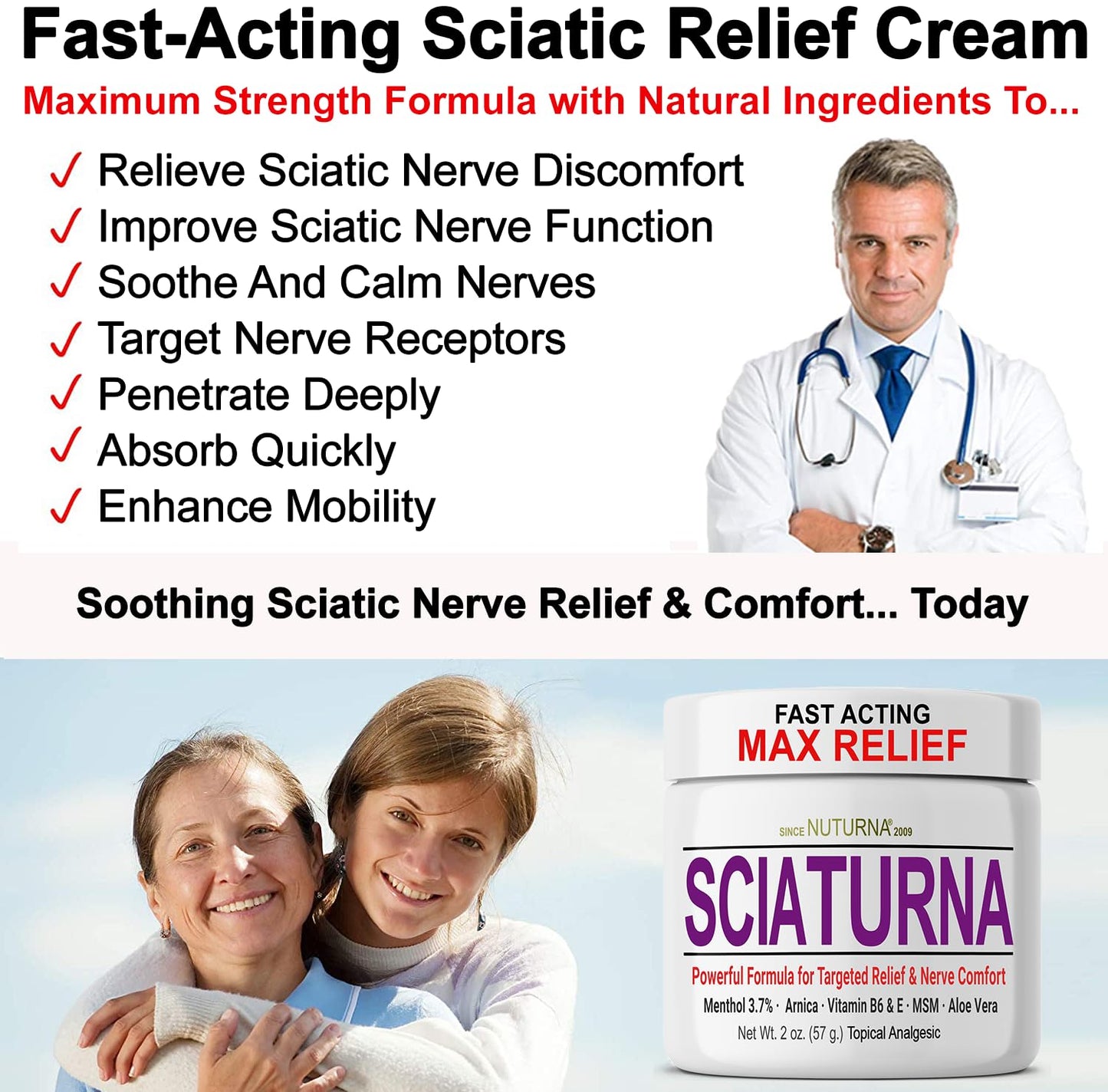 Sciatica Nerve Cream - Maximum Strength Comfort Cream for Feet, Hands, Legs, Toes, Back - Natural Ultra Strength Arnica, MSM, Menthol, Soothing Comfort, Large 4 Oz NuturnaBuy Supplements Australia