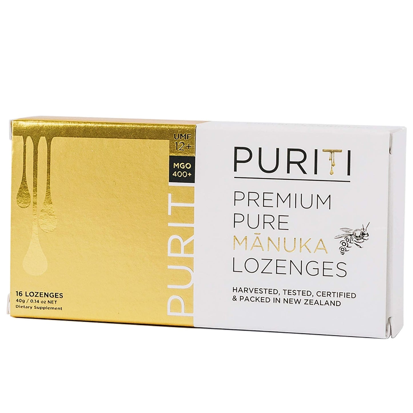 PURITI Premium Manuka Honey Lozenges High Potency - Sugar Free Drops | Genuine New Zealand Raw Manuka Honey Soothers for Coughs & Sore Throats | UMF Certified MGO 400+ UMF12+ (16 Pack)