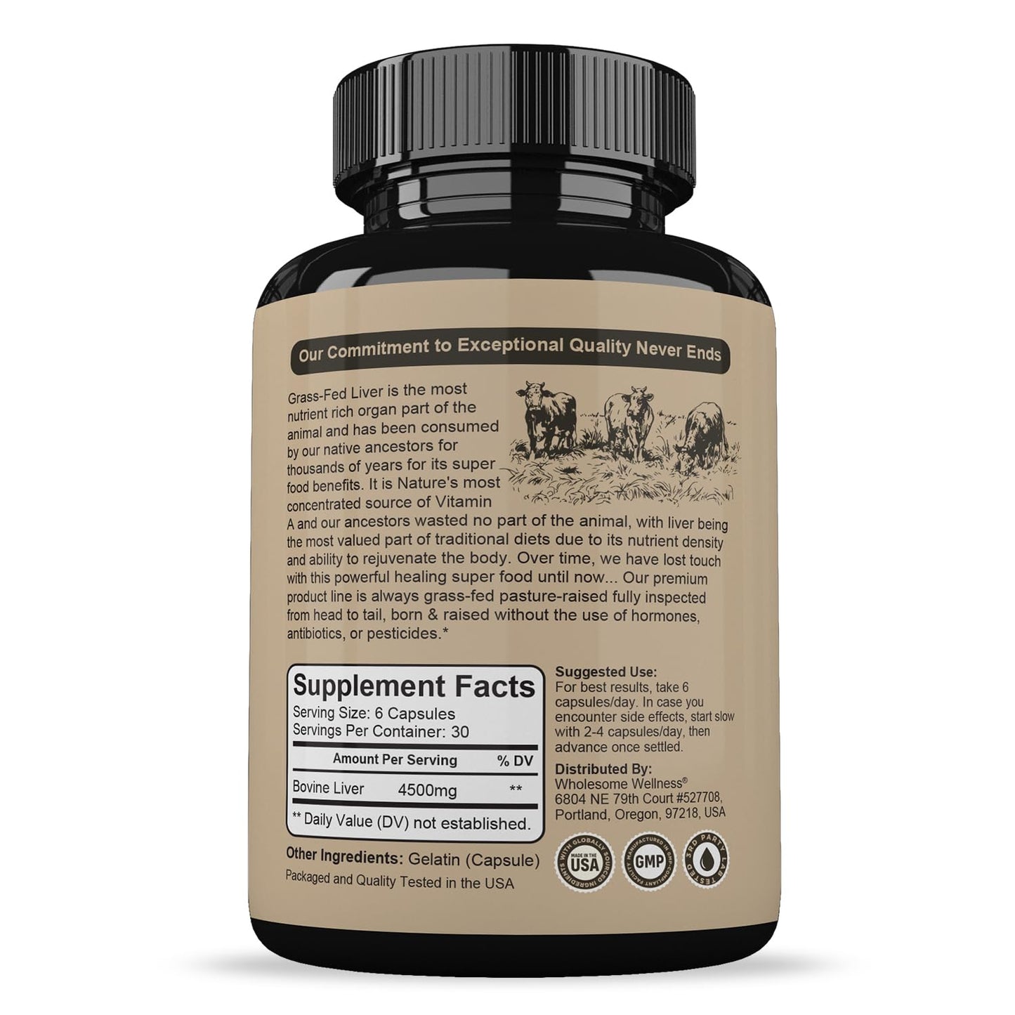 Wholesome Wellness Grass Fed Desiccated Beef Liver Capsules (180 Pills, 750mg Each) - Natural Iron, Vitamin A, B12 for Energy - Raised Undefatted in New Zealand