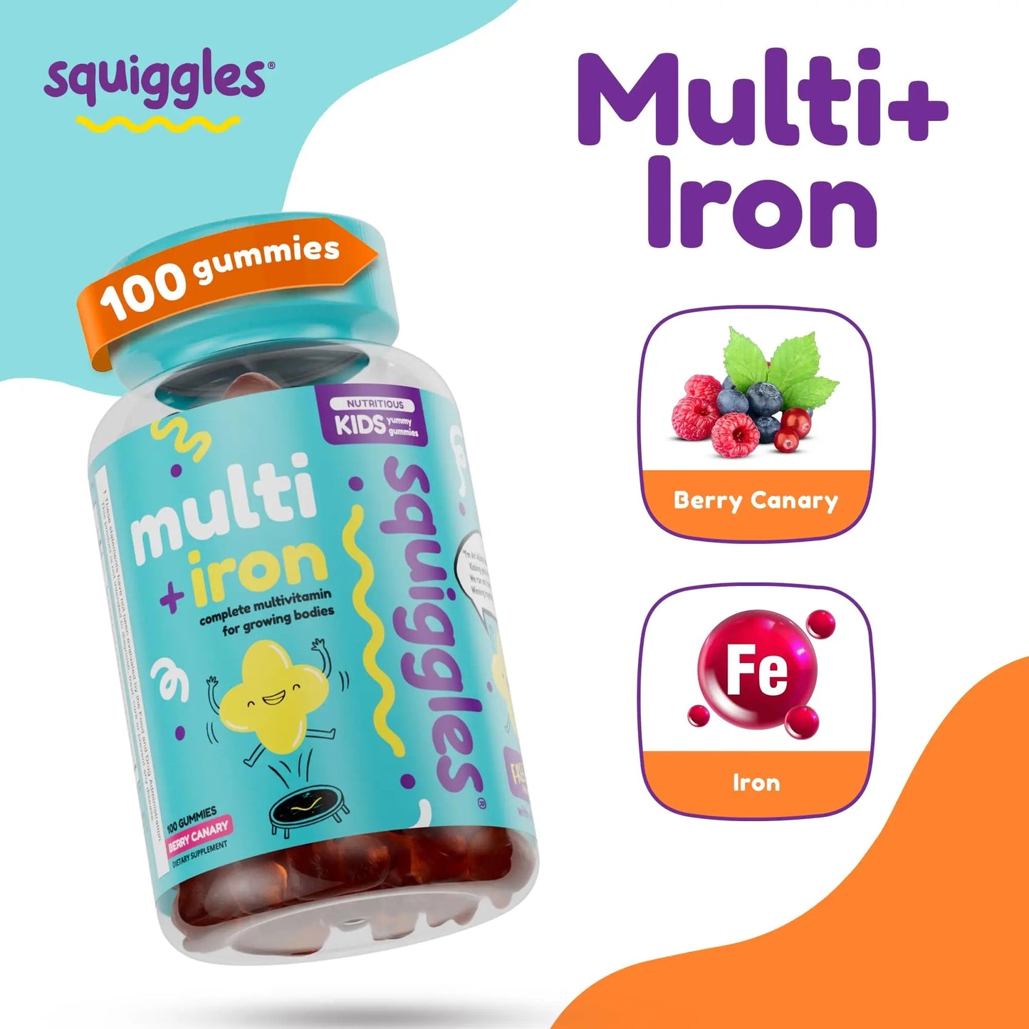 Squiggles Kids Multivitamin + Iron Gummies - Low Sugar Gummy Vitamins with Iron Supplements for Kids Squiggles