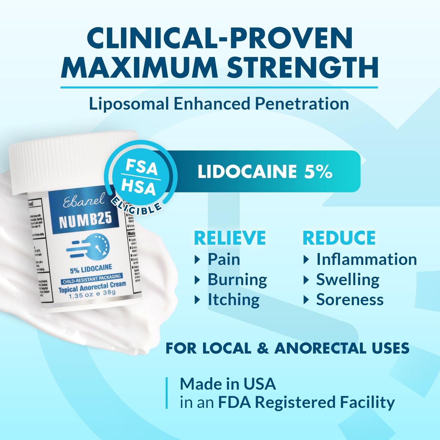 Ebanel 5% Lidocaine Numbing Cream, Pain Relief Burn Itch Numb Cream, Maximum Strength Numb25 Topical Anesthetic with Allantoin, Vitamin E for Local and Anorectal Uses, Hemorrhoid Treatment, 1.35 Oz Aus HealthcareBuy Supplements Australia
