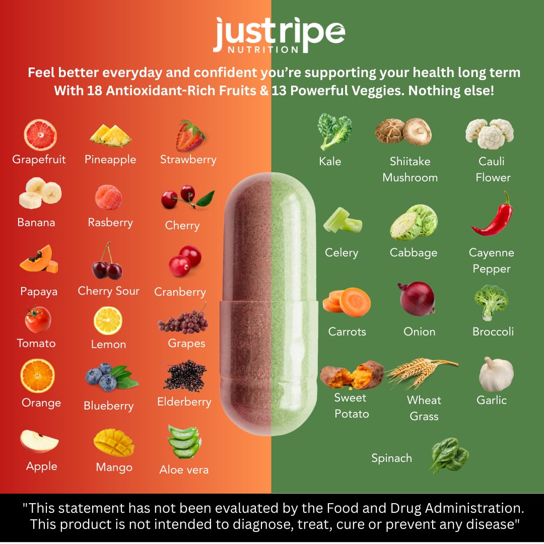 Fruits and Veggies Supplement - 90 Fruit and 90 Vegetable Capsules - 100% Whole Natural Superfood - Filled with Super Greens Vitamins and Minerals - Supports Balance Energy Levels (1 Pack) Just Ripe Nutrition buy supplements Au