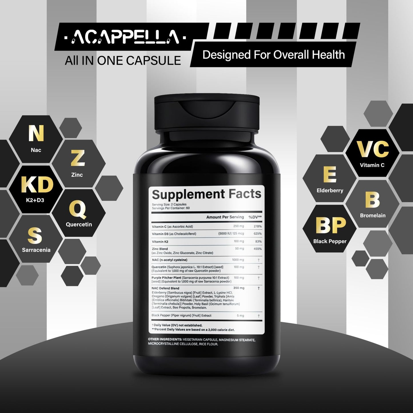 ACAPPELLA N-Acetyl Cysteine Vitamin D3 K2 Zinc Quercetin Sarracenia Purpurea NAC Supplement with Elderberry Holy Basil Bee Propolis Bromelain L-Lysin for Men & Women (1) ACAPPELLA buy supplements Au