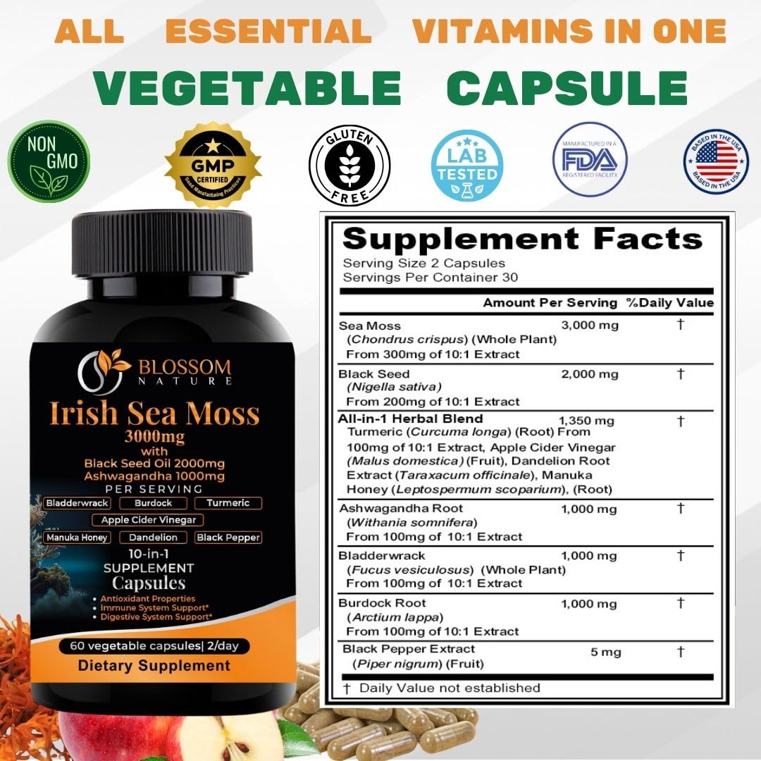 10-in-1 Irish Sea Moss Veggie Caps 3000mg Black Seed Oil Ashwagandha Bladderwrack Burdock Turmeric Apple Cider Vinegar Manuka Honey Dandelion Black Pepper - Made in US(Veggie Caps, Unflavored) Blossom NatureBuy Supplements Australia