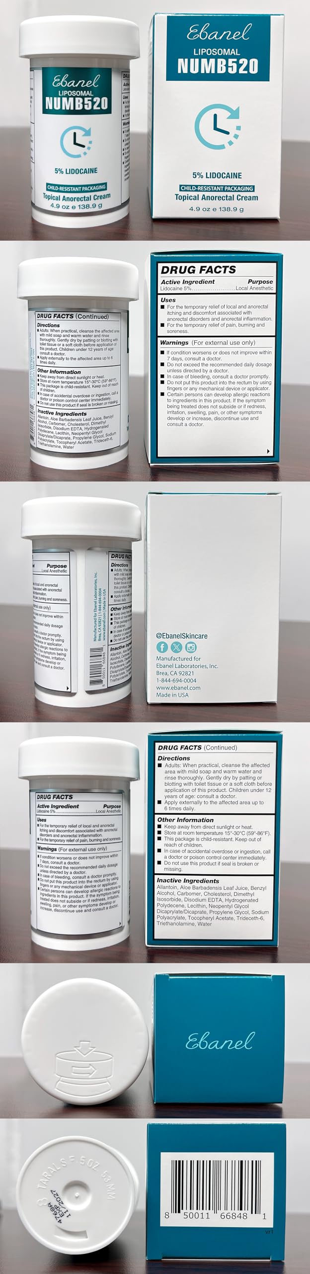 Ebanel 5% Lidocaine Numbing Cream, Pain Relief Burn Itch Cream, Maximum Strength Topical Anesthetic with Allantoin, Vitamin E for Local and Anorectal Uses, Hemorrhoid Treatment, 4.9 Oz