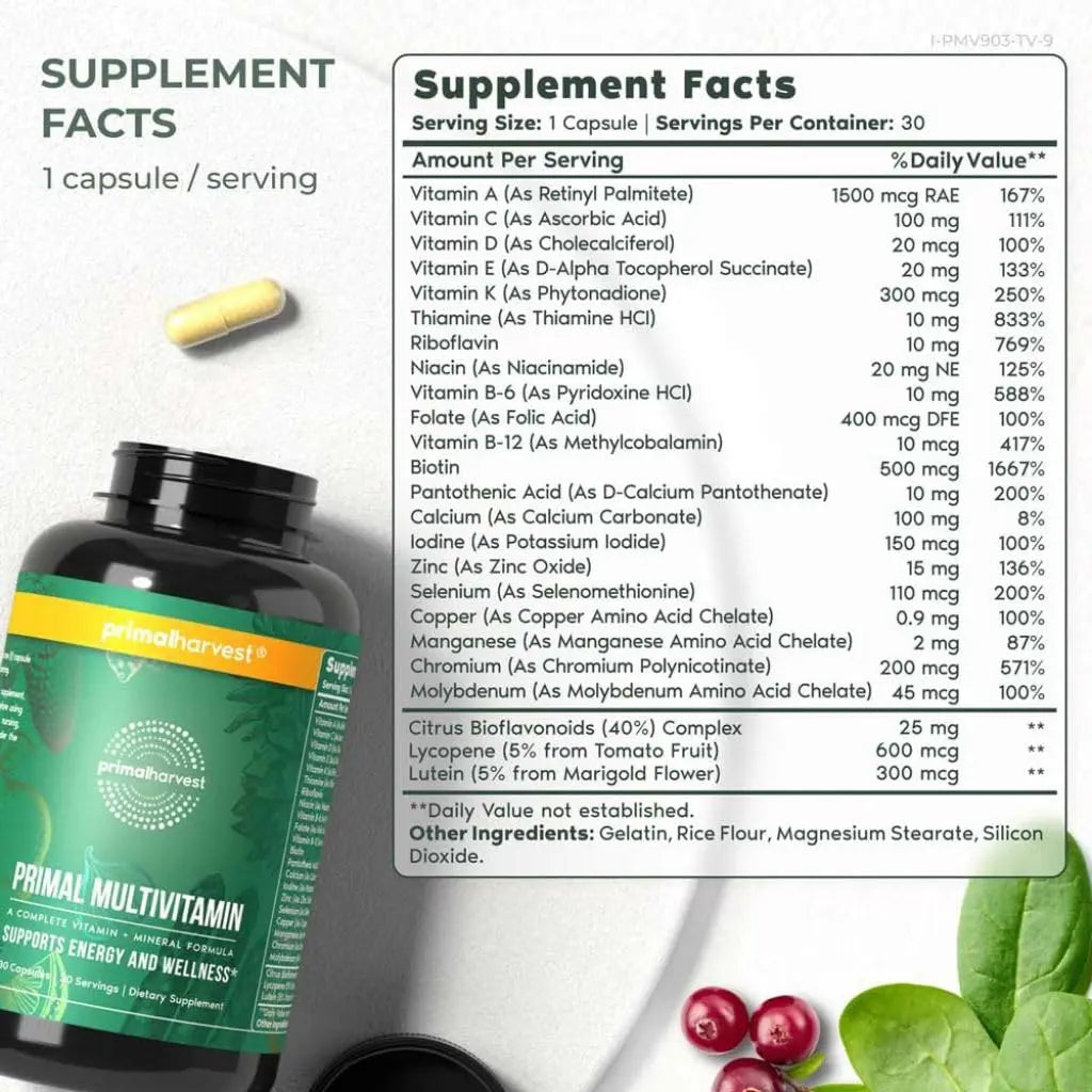 Primal Harvest Primal Multivitamin - Daily Multi-Vitamin Supplement with 21 Essential Vitamins & Minerals for Women & Men - Vitamin A, C, D, E, B12, B6, Biotin Primal Harvest