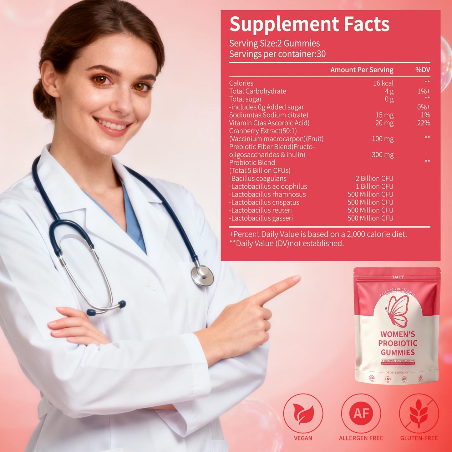 Taeci Vaginal Probiotic Gummies for Women – 5 Billion CFU with Prebiotic & Cranberry Extract – Supports pH Balance, Healthy Odor & Gut Health