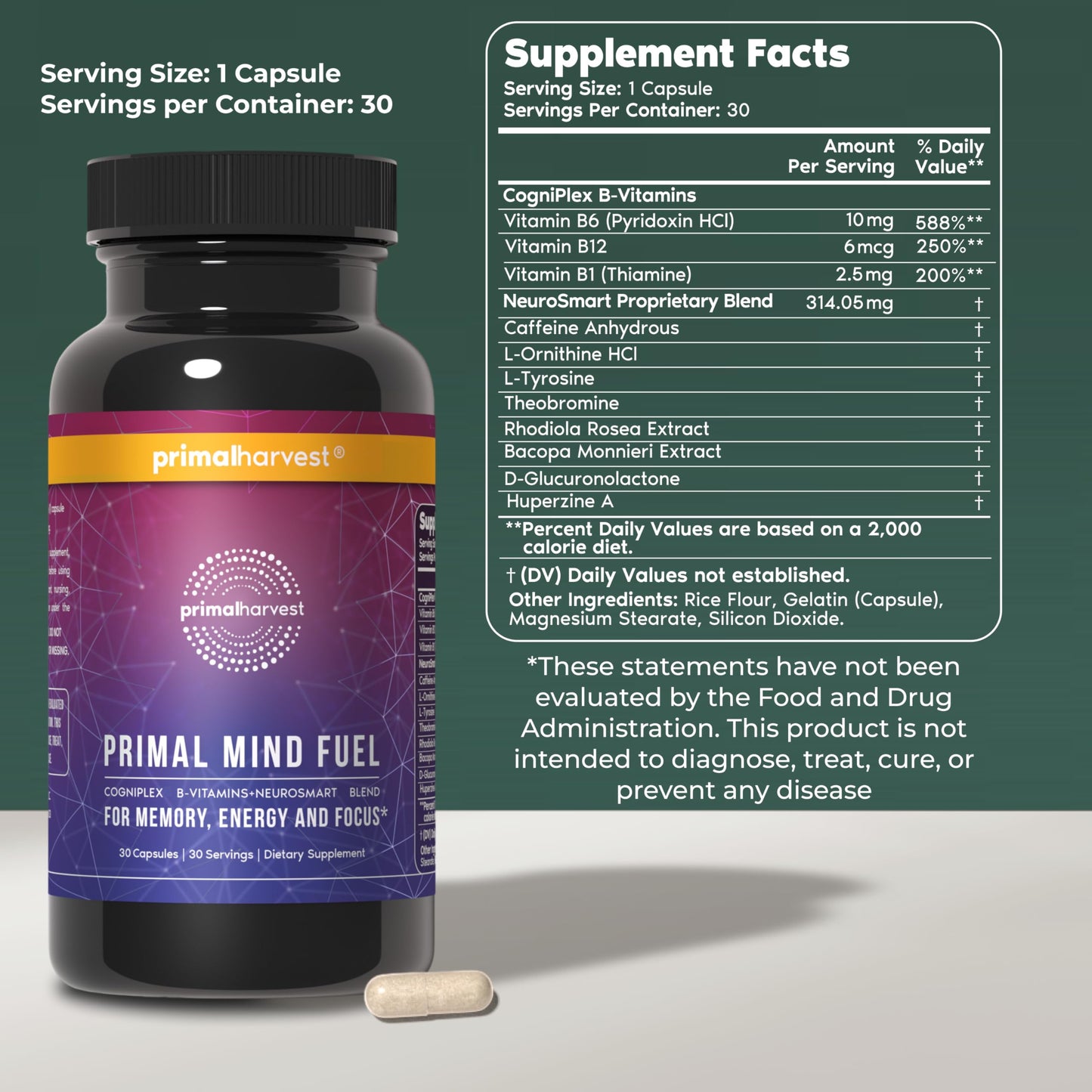 Brain Supplement by Primal Harvest, Primal Mind Fuel Brain Booster for Focus, Energy, Clarity, and Brain Health 30 Capsules Nootropics Brain Support Supplement for Men and Women Primal Harvest buy supplements Au