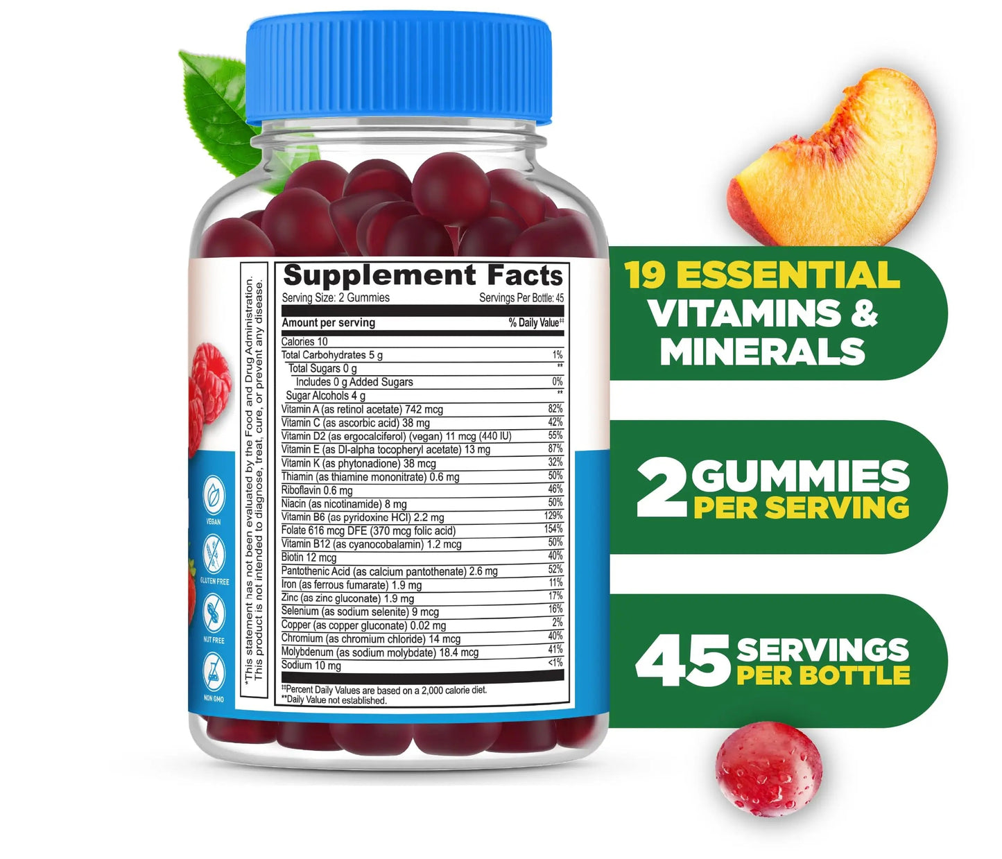 Lifeable Sugar Free Multivitamin Gummies | with Iron Vitamin A, C, D, E, Niacin, B6, Folate, B12, Biotin, Pantothenic Acid, Zinc | Lifeable