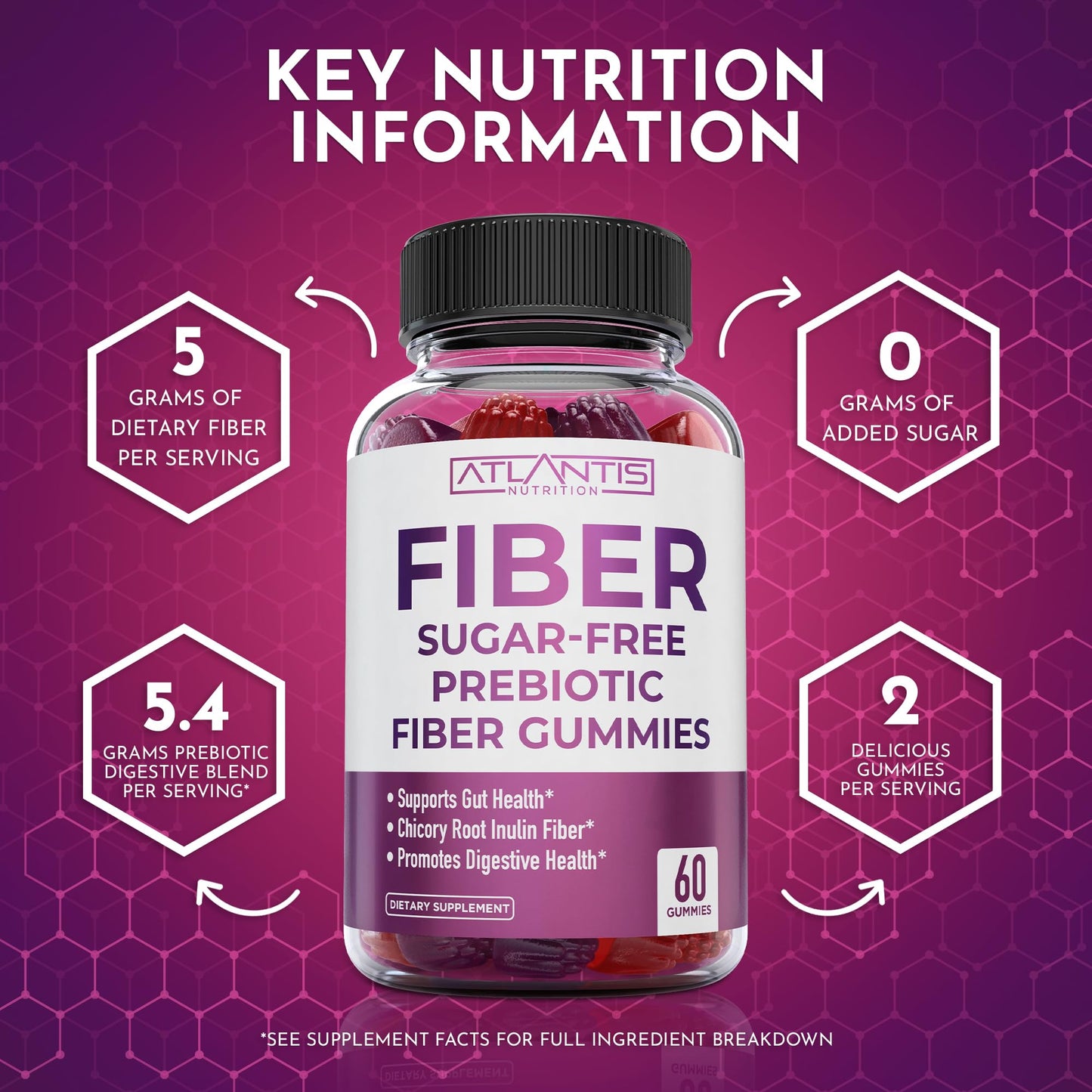 Atlantis Nutrition Sugar Free Fiber Gummies for Adults - 5G Fiber Supplement Formulated with 5.4G Prebiotic Digestive Blend/Serving - Supports Gut Health & Healthy Digestion