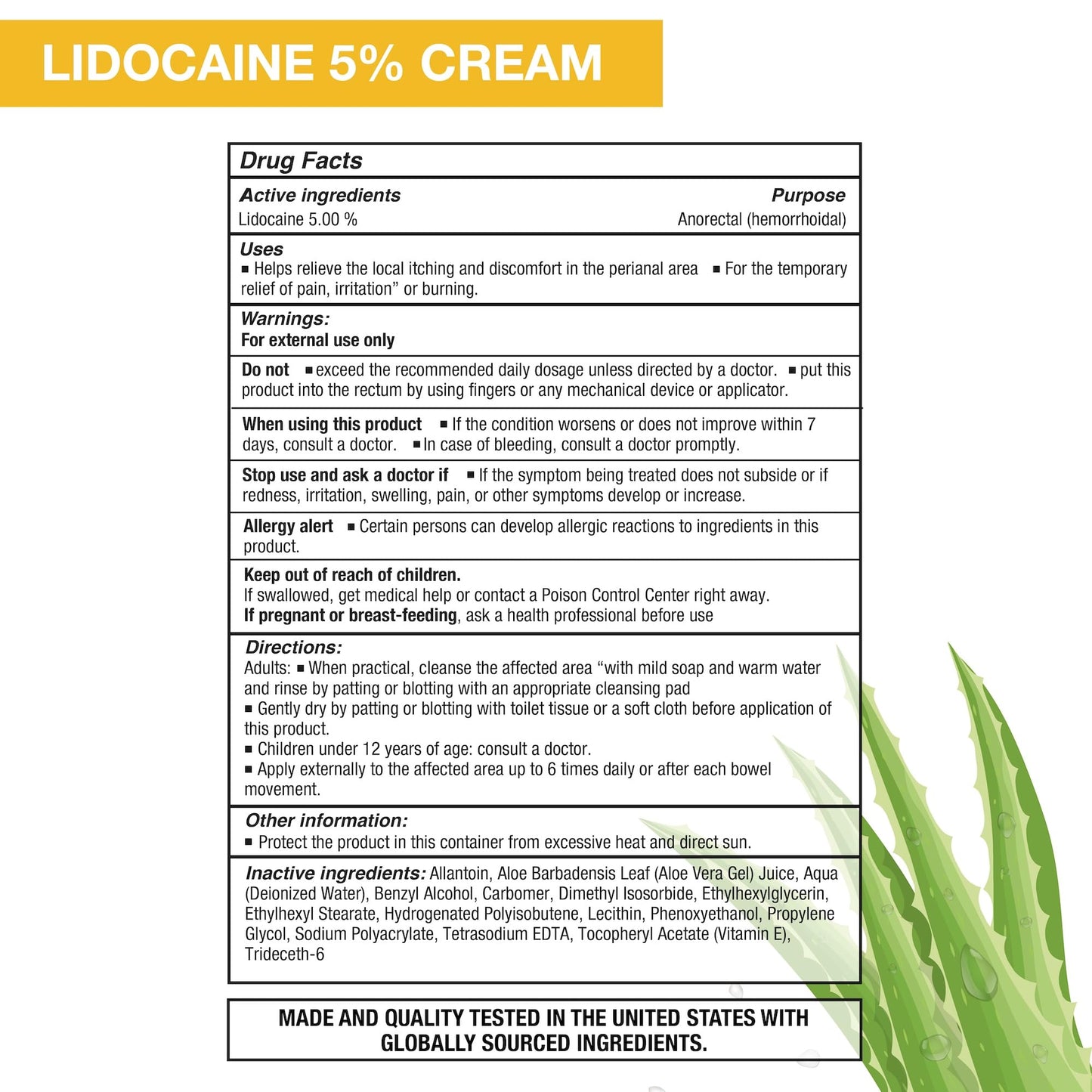 Puregen Labs Lidocaine 5% Anorectal (hemorrhoidal) Cream Maximum Strength | Enriched with Aloe-Vera | 6 Oz
