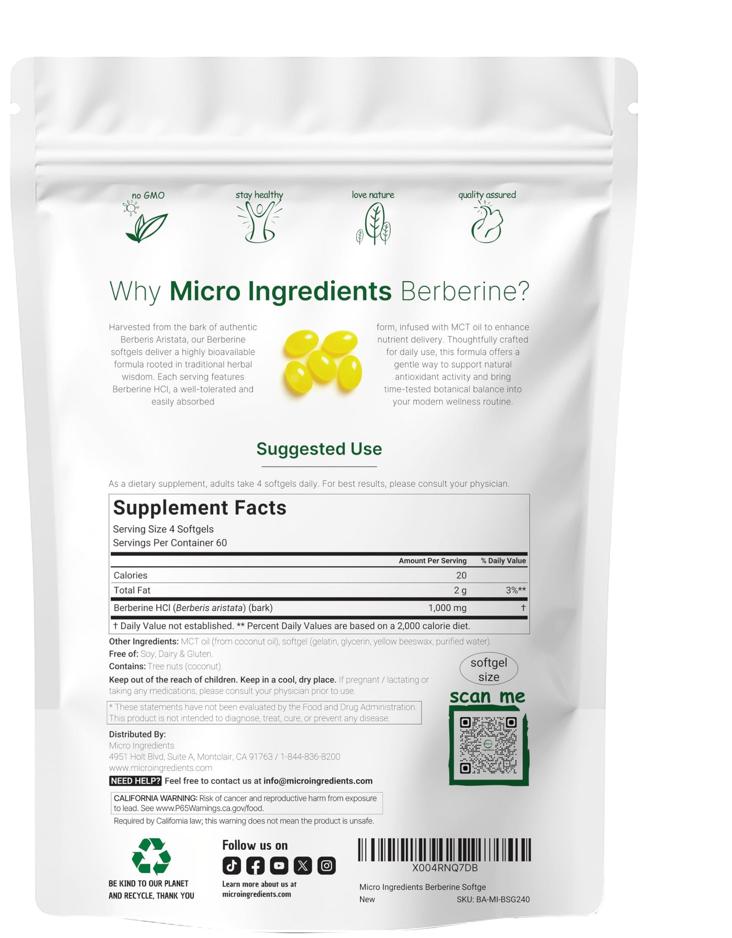 Micro Ingredients 1000mg with MCT Oil, 240 Softgels | Highly Bioavailable Formula with Berberine HCI from Aristata