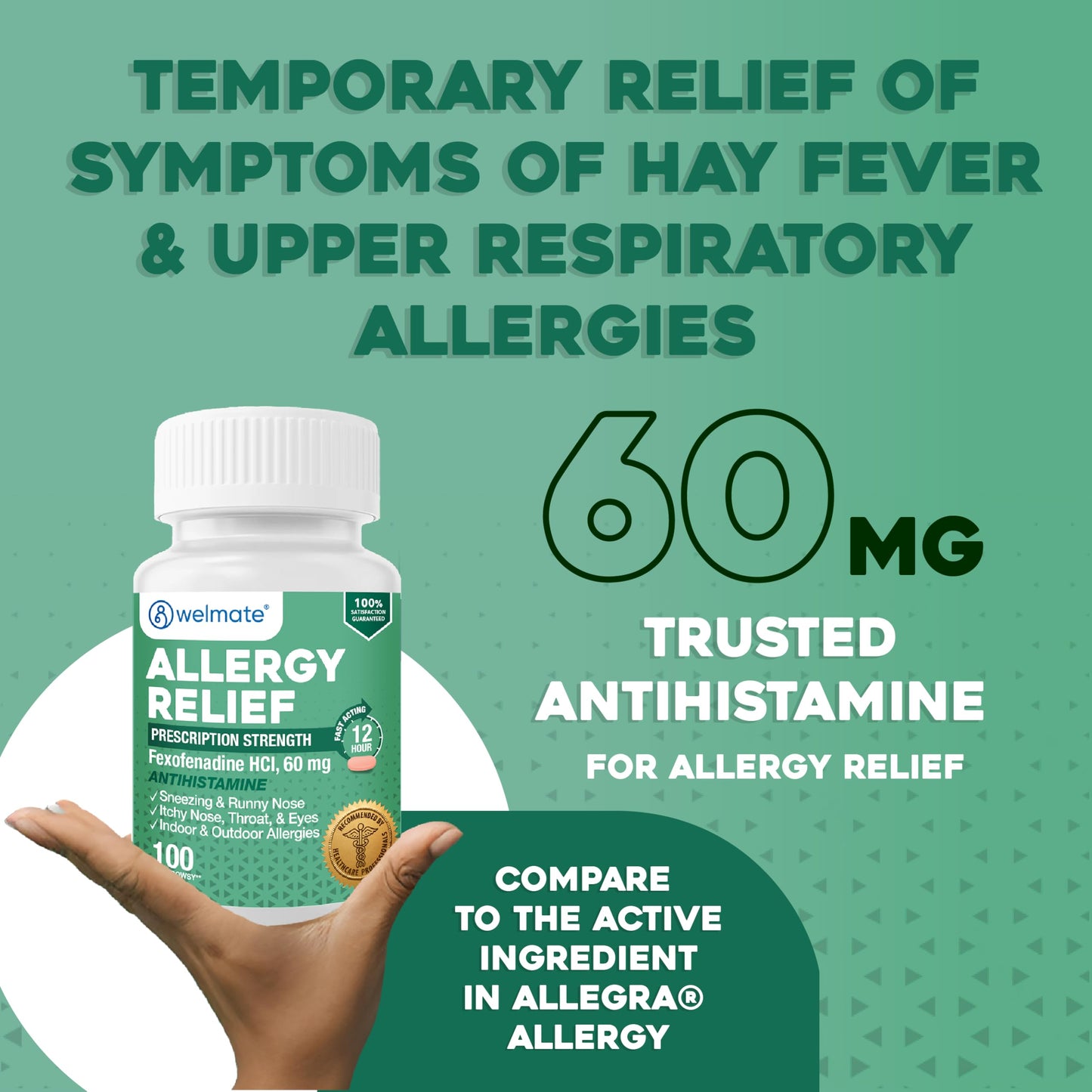 WELMATE - Fexofenadine Hydrochloride 60mg (100 Tablets) - Non Drowsy Allergy Medicine - 12 Hours - Antihistamine - Nose, Eyes, Throat - Generic Allergy Pills - Gluten Free, Over-the-Counter Medication WELMATE buy supplements Au