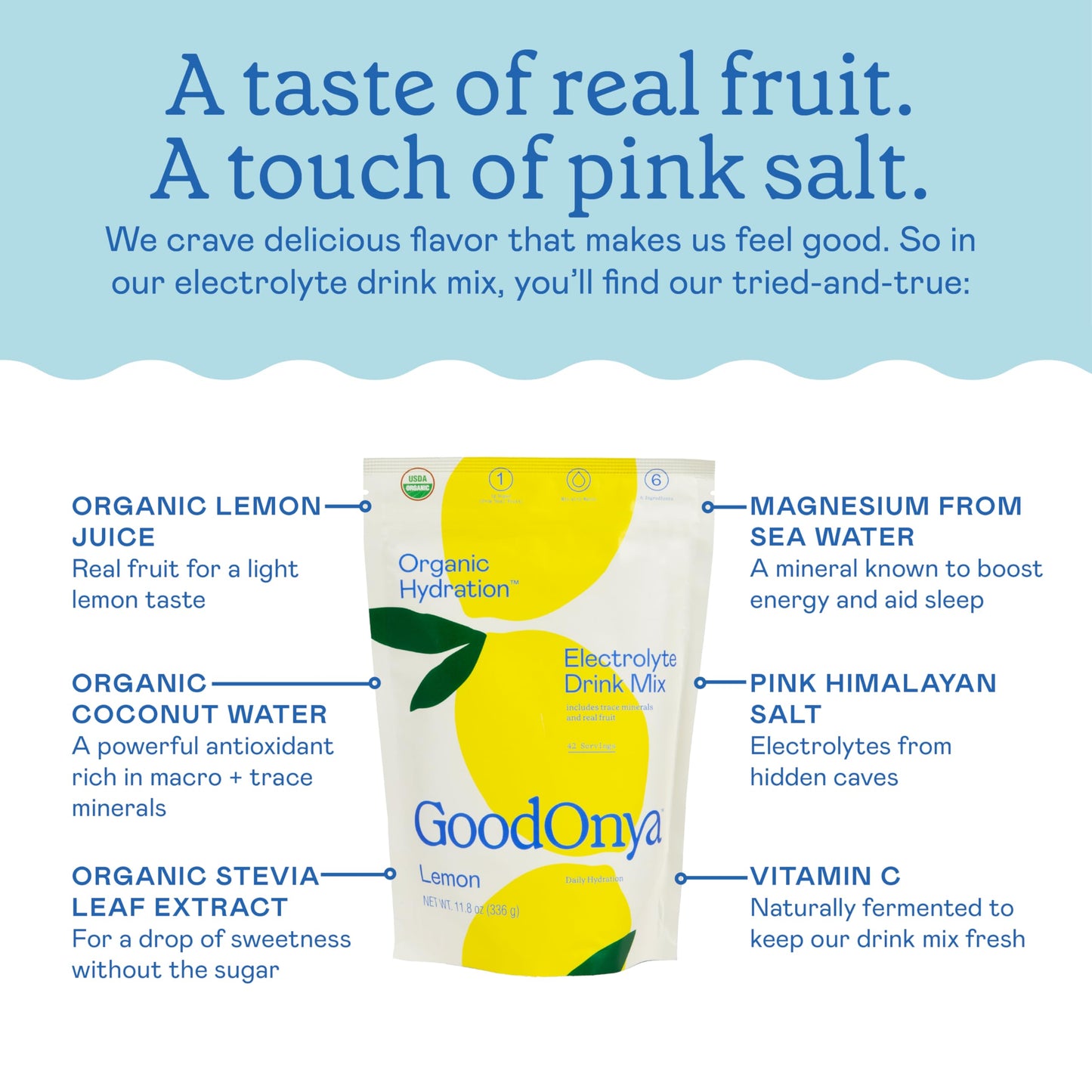 GOODONYA Organic Hydration Electrolyte Drink Mix, Certified Organic Hydration Powder, Non-GMO, Biochecked Glyphosate Free, Low Sugar, Lemonade Flavor,
