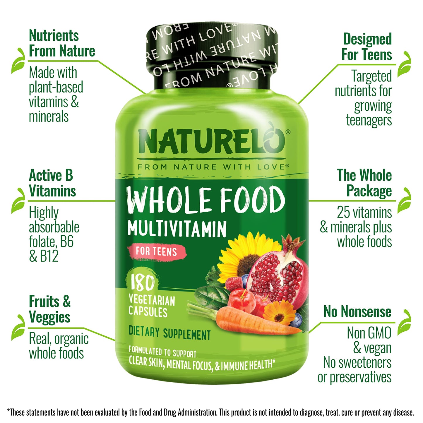 NATURELO Multivitamins for Teenage Girls/Boys, 180 Capsules, Whole Food Multivitamin with Minerals, Non-GMO, Vegetarian NATURELOBuy Supplements Australia