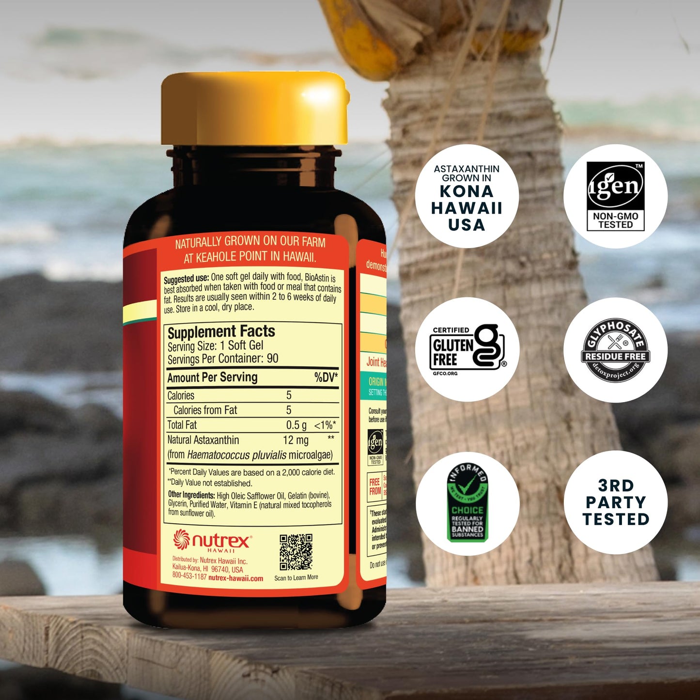 Nutrex Hawaii BioAstin Hawaiian Astaxanthin - 12mg, 90 Softgels - Farm-Direct Premium Antioxidant Supplement to Support Eye, Skin