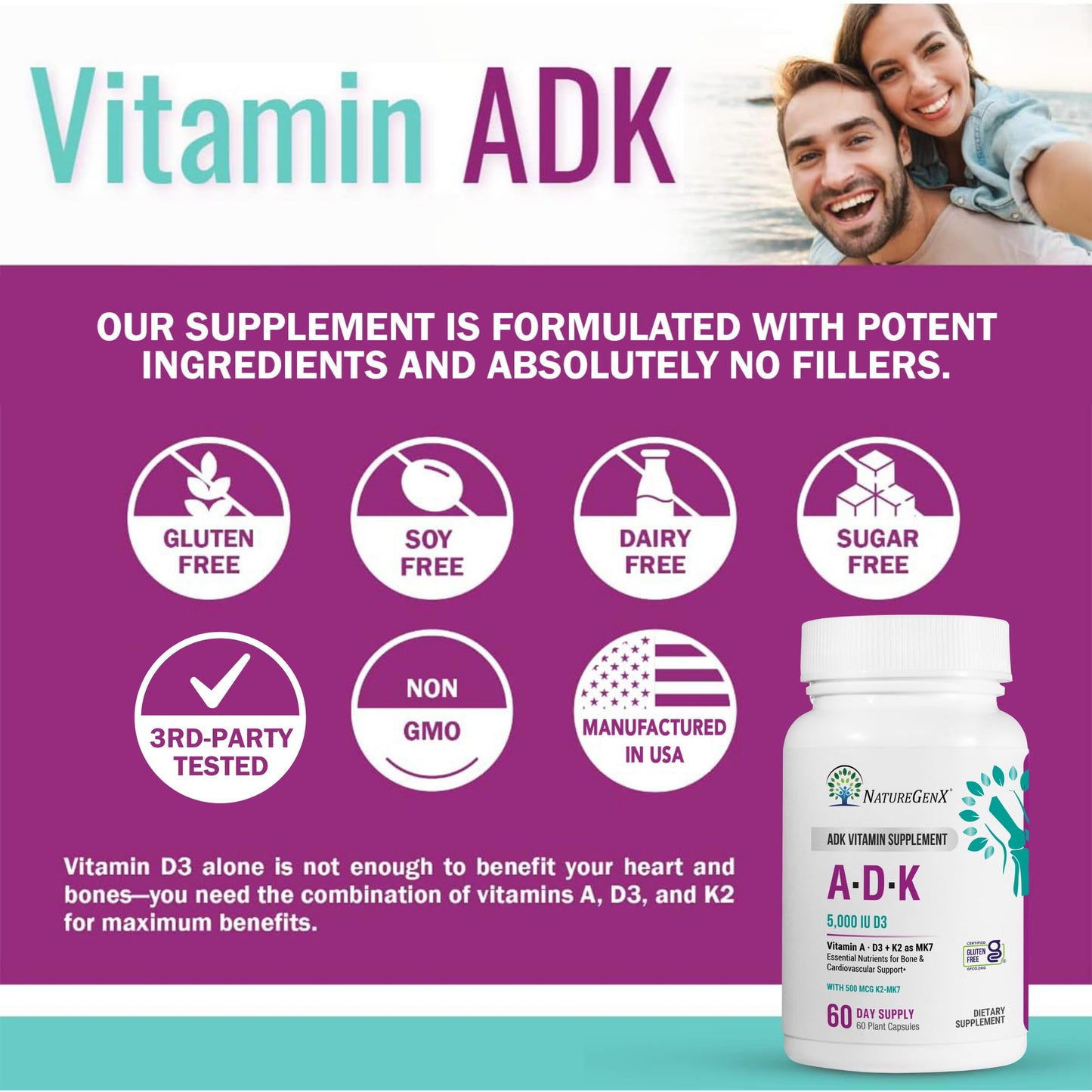 NatureGenX ADK Vitamin Supplement – Vitamins A, D3 & K2 MK-7 for Bone Health & Calcium Absorption – Gluten-Free, Non-GMO, Soy-Free