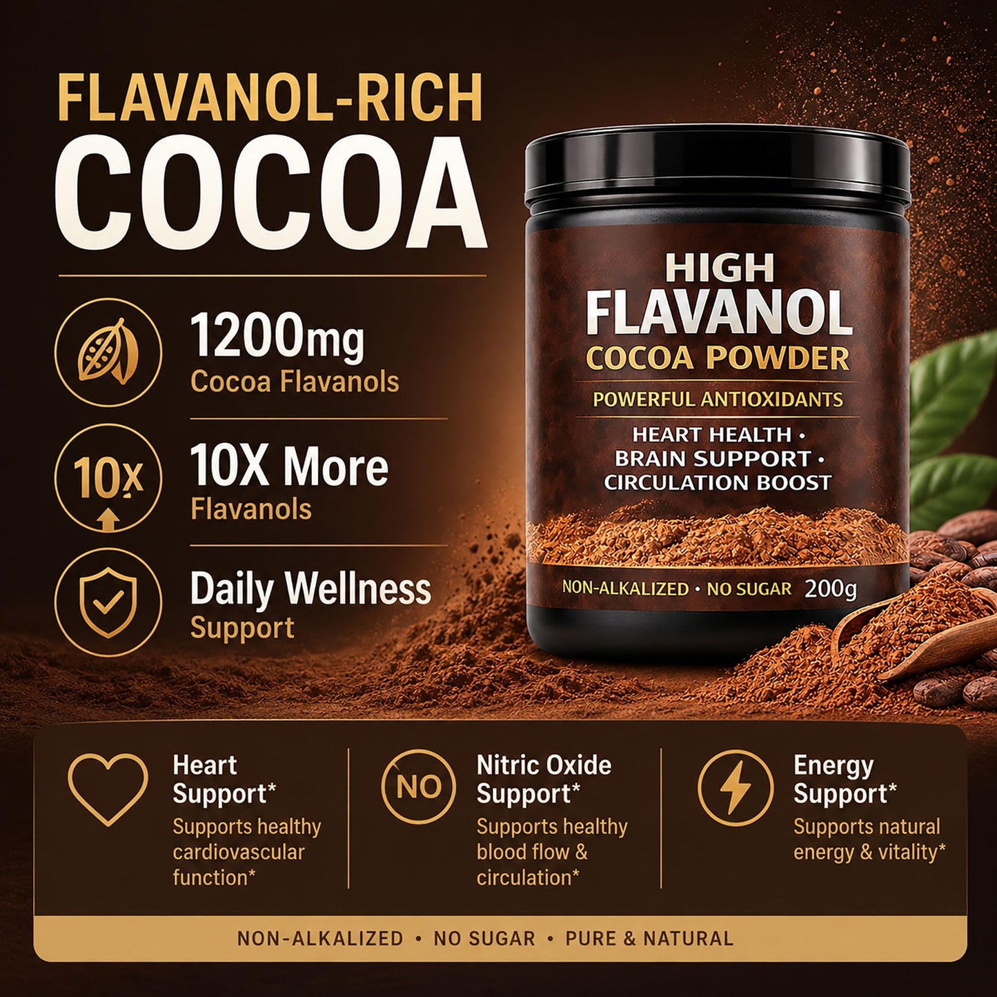 High Flavanol Cocoa Powder, Flavanol Rich Cocoa Powder– 1200mg Cocoa Flavanols – 10X More Flavanols – Supports Heart Health, Nitric Oxide & Energy