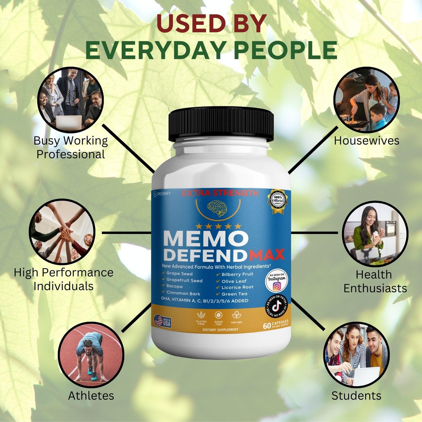 Memo Defend Max Memory Support Supplement, 60 Capsules, with Vitamins A C D E B Complex, DHA, Bacopa, Grapefruit Seed (1) GREENVIFY buy supplements Au