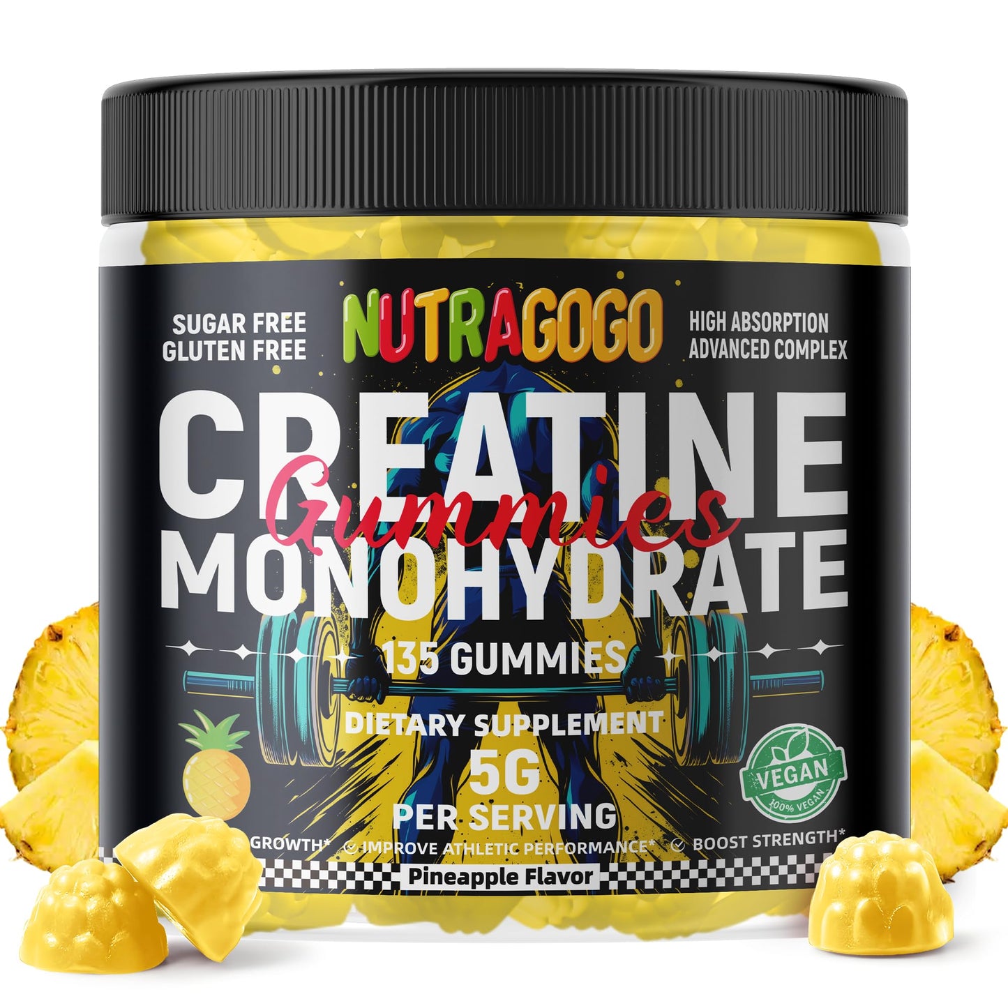 NUTRAGOGO NSF Certified Creatine Gummy - Creatine Monohydrate Gummies for Men & Women-5g of Creatine Monohydrate per Serving - Sugar Free,Vegan, Pineapple Electrolyte Chews, 135 Count