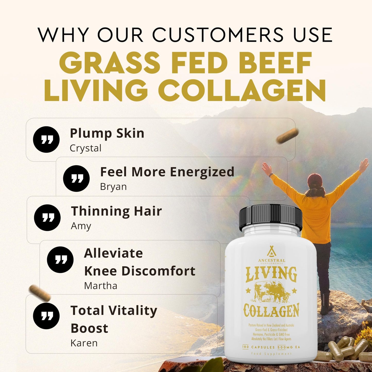 Ancestral Supplements Grass Fed Beef Living Collagen Nutritional Powder Supplement, 3000mg, Promotes Healthier, Younger Looking Skin, Hair