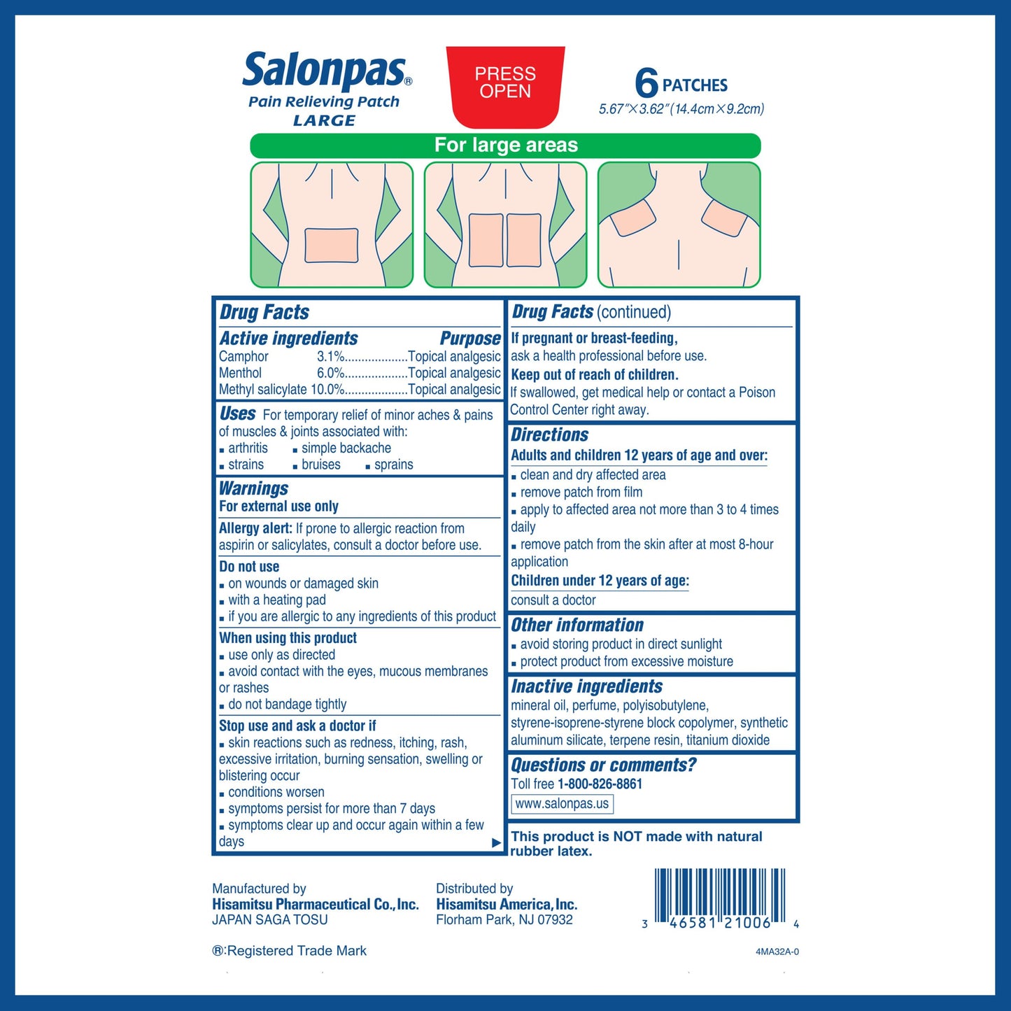 Salonpas Pain Relieving Patch, Large, 6 Count, for Back, Neck, Shoulder, Knee Pain and Muscle Soreness, 8 Hour Pain Relief Salonpas buy supplements Au