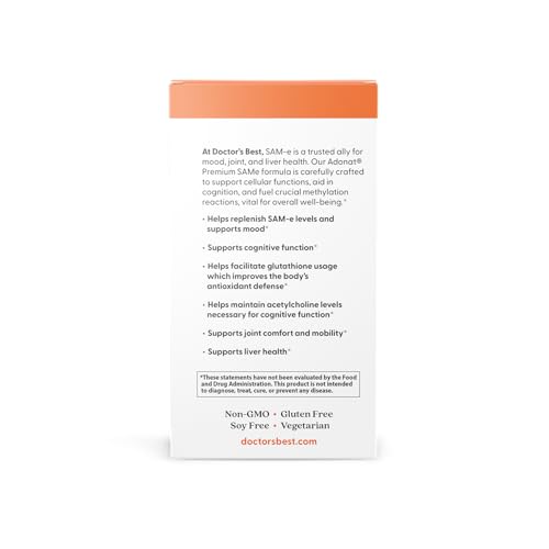 Doctor's Best SAM-e Mood & Joint Support & Liver Health (Pharmaceutical Grade/Non-GMO/Gluten Free/Vegetarian), Tablet, 60 Count (Pack of 1) Doctor's BESTBuy Supplements Australia