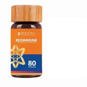 Biogetica Reginmune supplement bottle with orange label and wooden cap on a white background