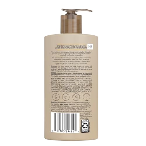 Jergens Natural Glow Hydra Gel Moisturizer, Hyaluronic Acid Tanning Lotion, Hydrating Tanning Gel, Fragrance-Free Self Tanner