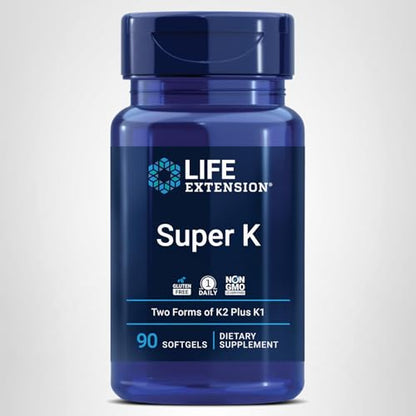 Life Extension Super K, Vitamin K Supplement, 2000 Mcg Vitamin K and 1180 Mcg Vitamin K2, Heart Health, Once-Daily, 90 Softgels