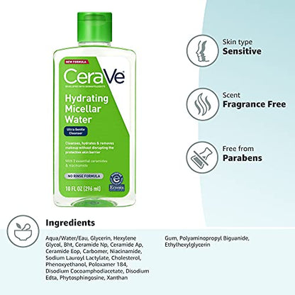CeraVe Micellar Water, Hydrating Facial Cleanser & Eye Makeup Remover with Niacinamide, Ceramides & Glycerin