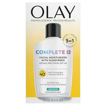 Olay Complete+ Face Moisturizer with Sunscreen SPF 40, For Sensitive Skin, Broad Spectrum Sun Protection, Fragrence-Free