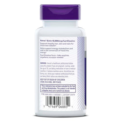 Natrol Biotin 10000mcg, 4X Faster Dissolve Supplement for Healthy Hair, Skin and Nails for Those Low in Biotin, Plus Energy Metabolism Support