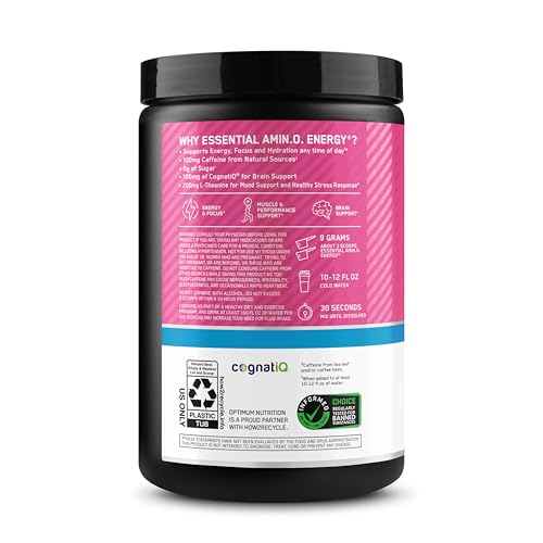Optimum Nutrition Amino Energy Powder Plus Focus, with BCAA, Electrolytes, and Caffeine, Watermelon, 30 Servings (Packaging May Vary)