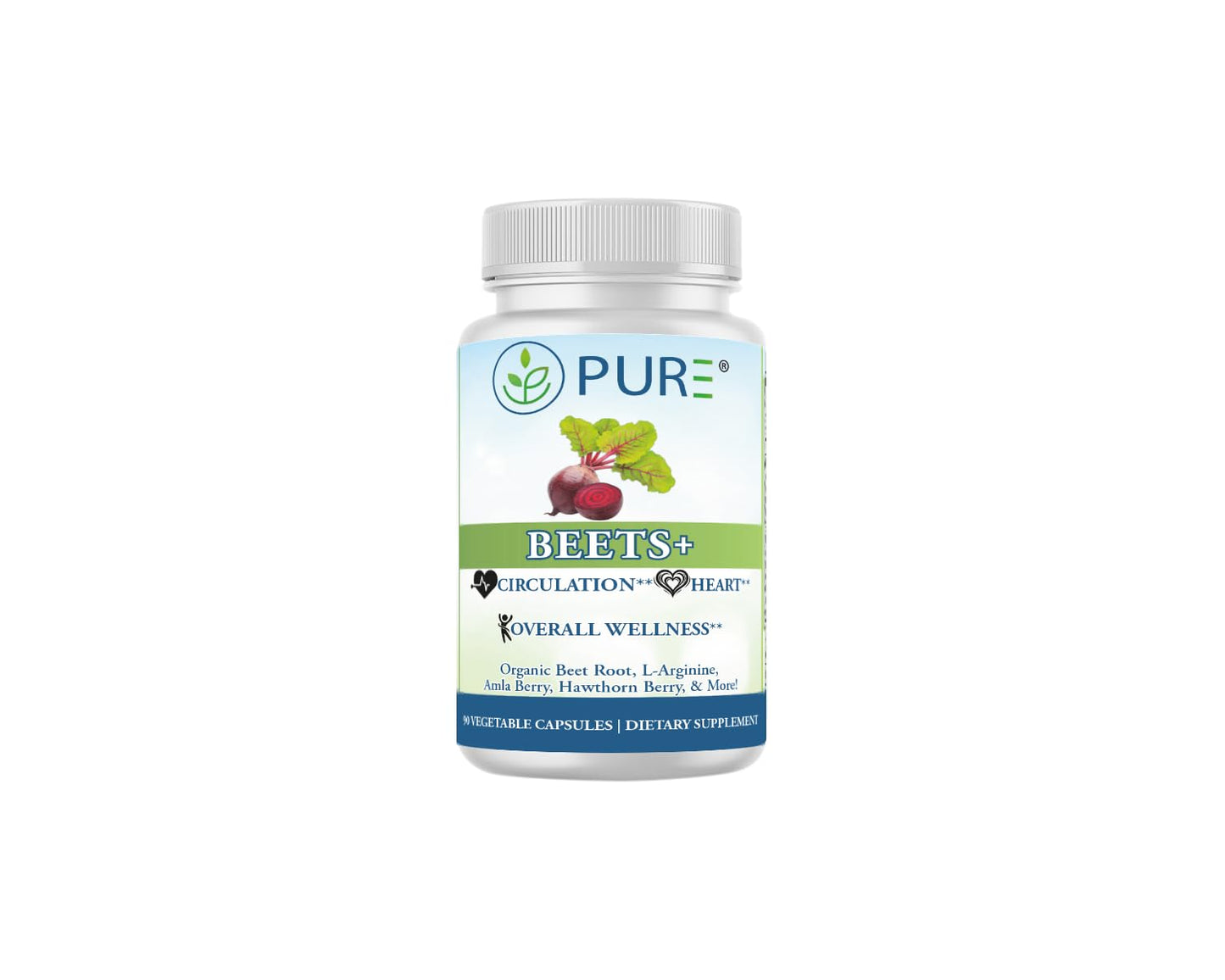 Bottle of Pure Beets+ supplement on a white background