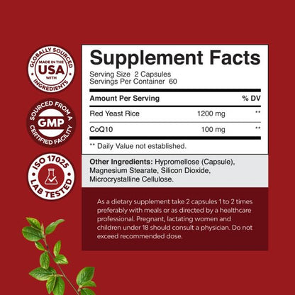 Natures Craft Red Yeast Rice with CoQ10 Supplement - Advanced Healthy Heart & Healthy Cholesterol Levels Formula for Men & Women - Red Yeast Rice Capsules with 1200 mg