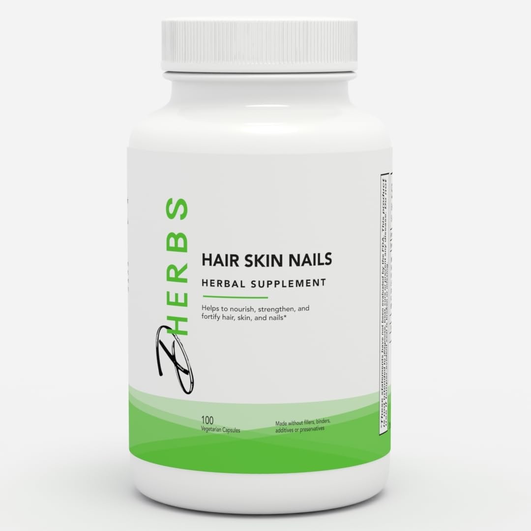 Herbal supplement bottle labeled 'Hair Skin Nails' on a white background