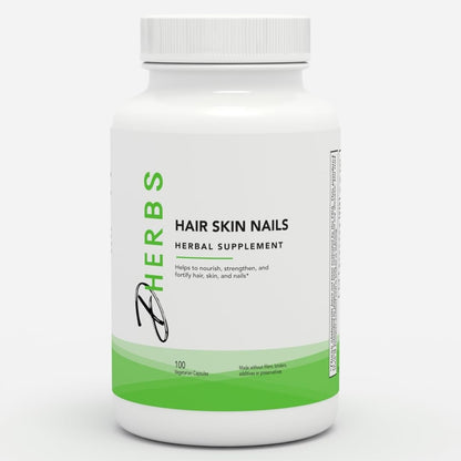 Herbal supplement bottle labeled 'Hair Skin Nails' on a white background