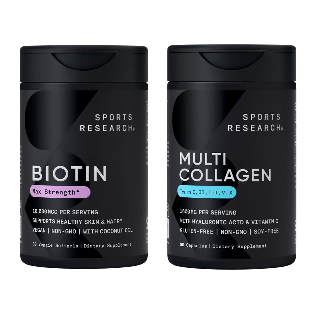 Sports Research® Healthy Hair Essentials - Biotin 10,000mcg with Organic Coconut Oil Vitamin B7 for Healthy Skin and Hair Support + Multi Collagen Pills Peptides with Hyaluronic Acid & Vitamin C Sports Research buy supplements Au