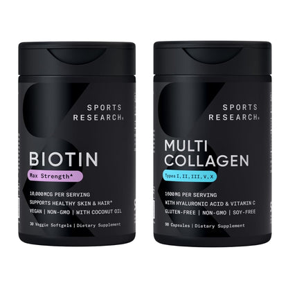 Sports Research® Healthy Hair Essentials - Biotin 10,000mcg with Organic Coconut Oil Vitamin B7 for Healthy Skin and Hair Support + Multi Collagen Pills Peptides with Hyaluronic Acid & Vitamin C Sports Research buy supplements Au