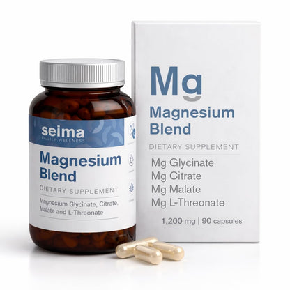 Seima Magnesium Blend dietary supplement bottle and packaging on a white background