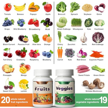 VBTOP Fruit & Vegetable Supplement - Natural Ingredients - 2 Bottles - 180 Capsules Total | A Blend of 20+19 Natural Whole Fruits & Vegetables, a Fresh superfood Formula Rich in Vitamins and Minerals VBTOPBuy Supplements Australia