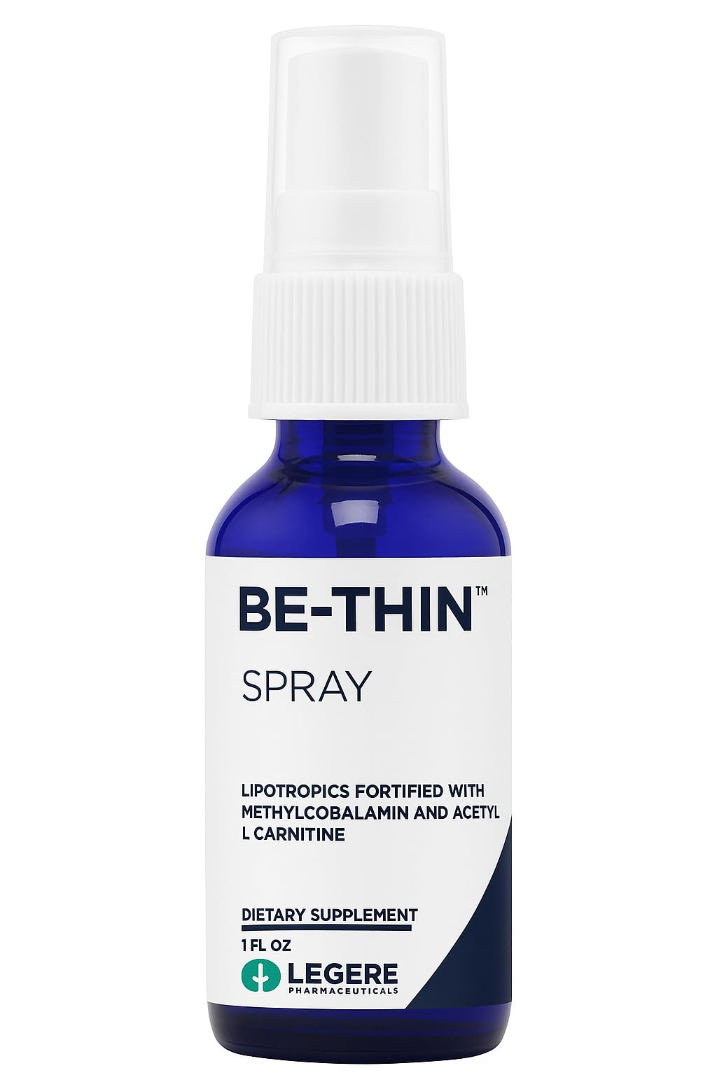 Blue spray bottle labeled 'BE-THIN SPRAY' with white cap on a white background