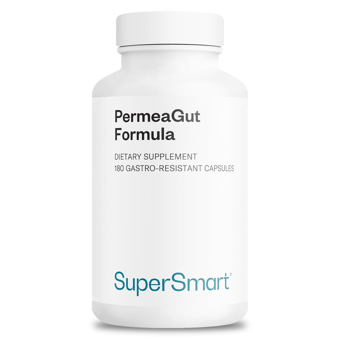 Supplement bottle labeled 'PermeaGut Formula' by SuperSmart on a white background