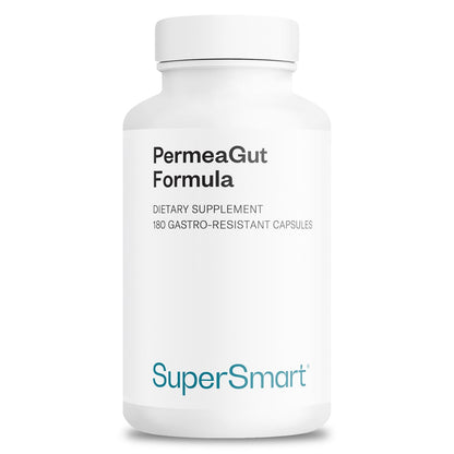 Supplement bottle labeled 'PermeaGut Formula' by SuperSmart on a white background